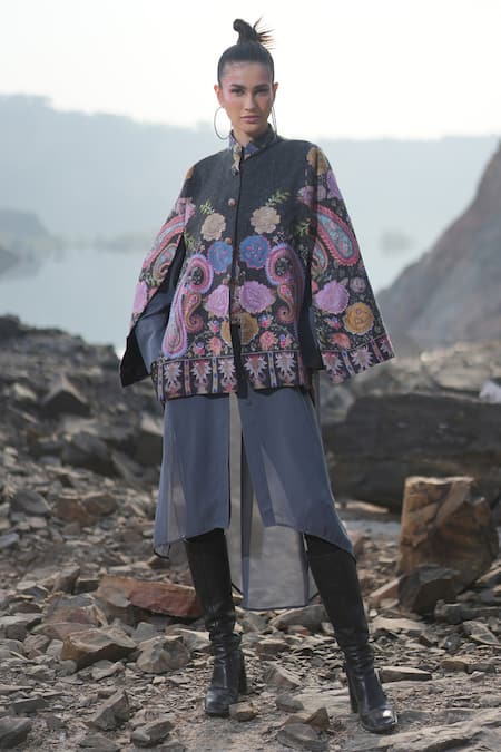 Neiza by Neeti Seth Black Cashmere Wool Printed And Aari Embroidered Floral Mandarin Cape  