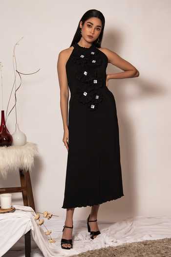 Vanshika Agarwal Label Charlotte 3D Blossom Embroidered Pleated Dress 