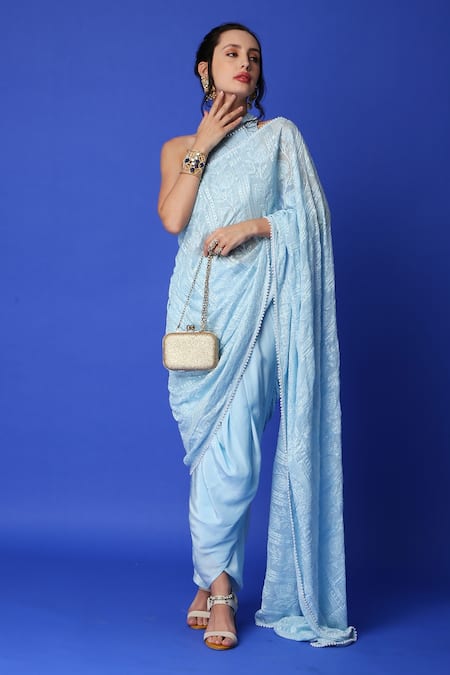 Monk & Mei Blue Georgette Embroidered Pre-stitched Dhoti Saree With Blouse 