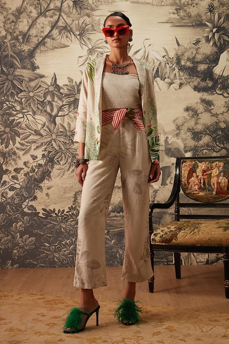 Kalista Grey Cotton Slub Printed Botanical Shawl Collar Blazer And Pant Set 