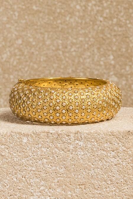 Shop Tarun Tahiliani Gold Plated Pearls Embellished Jaal Kada at Aza Fashions Shop_Tarun Tahiliani_Gold Plated Pearls Embellished Jaal Kada_at_Aza_Fashions