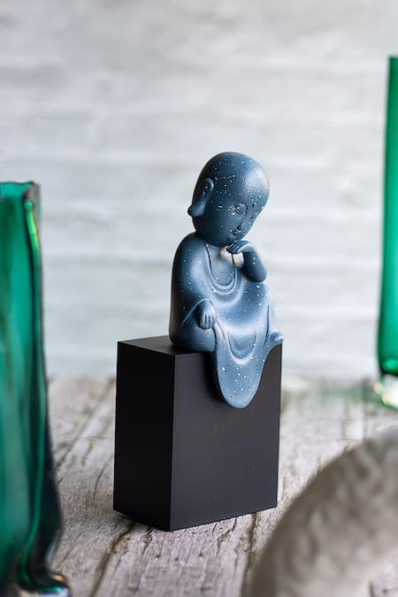 H2H Blue Polyresin Baby Monk Sculpture 