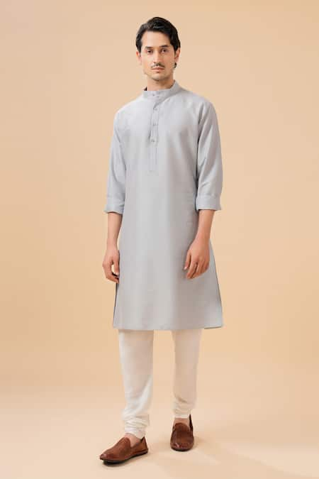 Raghavendra Rathore Blue Raw Silk Band Collar Kurta With Pant 