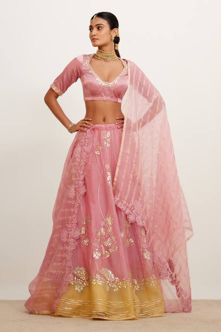 Buy Devnaagri Pink Organza And Gajji Silk Floral Plunge V Gota Patti Work Bridal Lehenga Set at Aza Fashions Buy_Devnaagri_Pink Organza And Gajji Silk Floral Plunge V Gota Patti Work Bridal Lehenga Set_at_Aza_Fashions