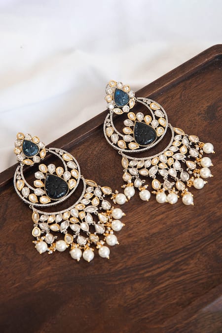 Shop Zevar By Geeta Gold Plated Stones, Pearls Embellished Chandbalis at Aza Fashions Shop_Zevar By Geeta_Gold Plated Stones, Pearls Embellished Chandbalis _at_Aza_Fashions