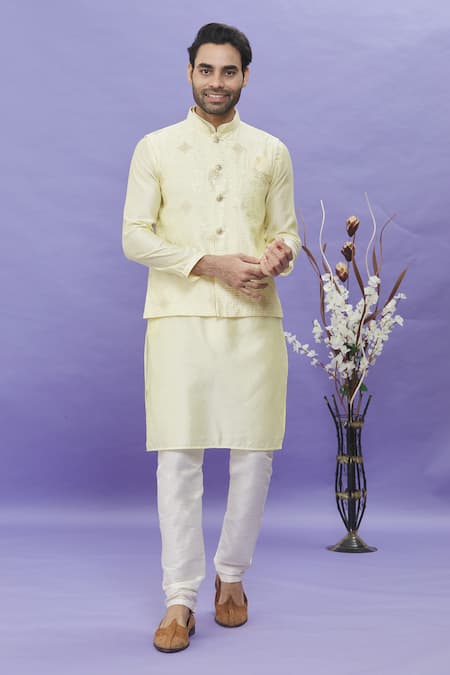 Aryavir Malhotra Floral Linear Embroidered Bundi & Kurta Set 