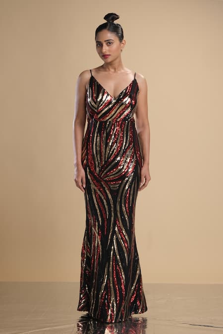 Kommal Sood Black Lycra, Net Sequins V-neck Embroidered Spaghetti Gown 