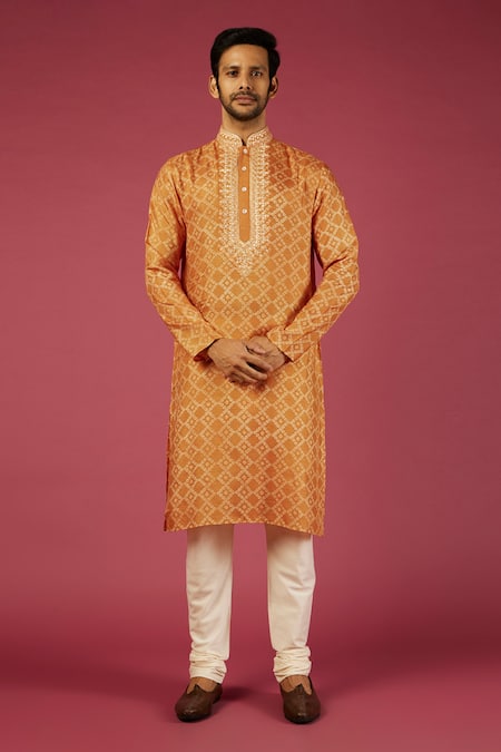 Krishna Mehta Orange Tussar Printed Bandhani Kurta Set 