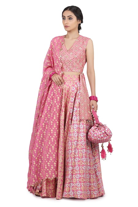 Seema Nanda Pink Organza, Chanderi Silk, Lining Cotton Mul Kamla Printed Lehenga Set Online at Aza Fashions Seema Nanda_Pink Organza, Chanderi Silk, Lining Cotton Mul Kamla Printed Lehenga Set _Online_at_Aza_Fashions