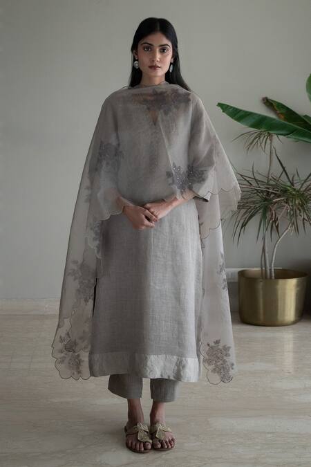 Shorshe Clothing_Grey Handloom Cotton, Cotton, Linen Split V-neck Stripe Pattern Kurta And Pant Set_Online_at_Aza_Fashions