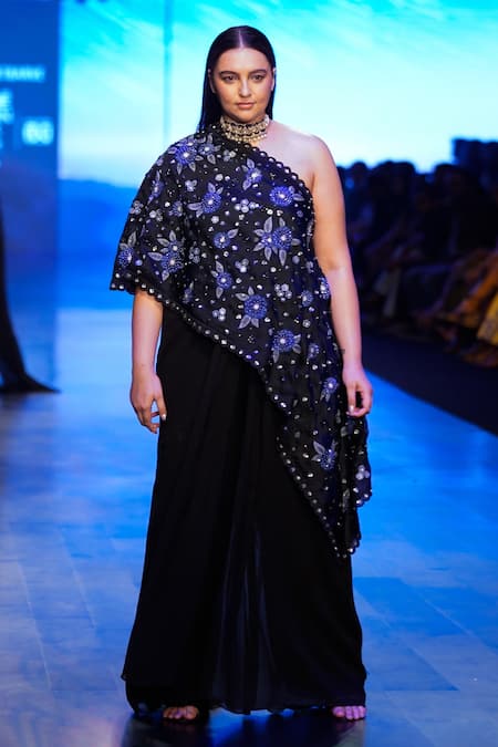 Nachiket Barve Black Georgette, Organza Beads, Sequins One Moonflower Cape And Jumpsuit Set