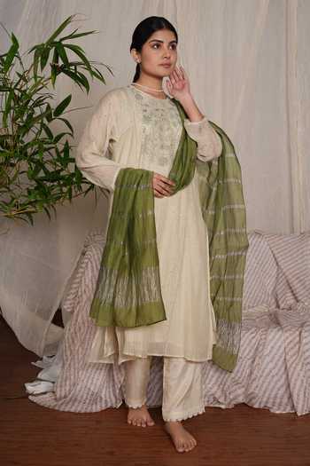 Buy_Pants And Pajamas_Beige Cotton Embroidery, Sequins, Lace Water Color Sege Kurta And Pant - Set Of 2 _Online_at_Aza_Fashions