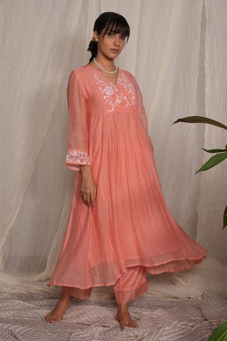 Pants and Pajamas Candy Stick Peach Chikankari Chanderi Kurta 