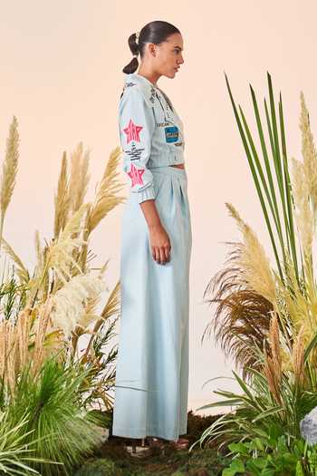 Shahin Mannan_Blue Thin Denim Flared Pant_Online_at_Aza_Fashions