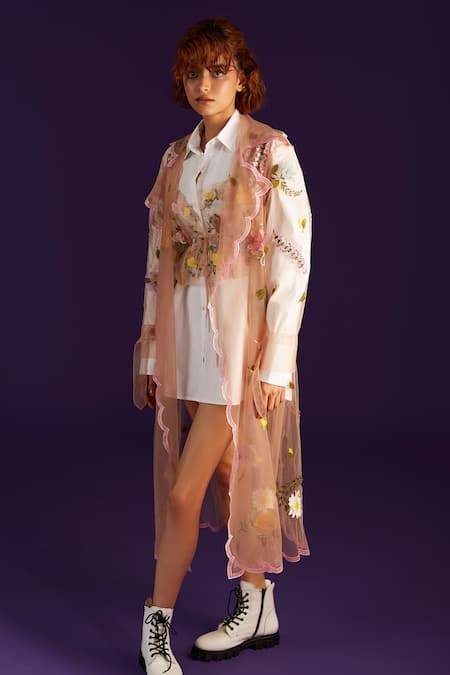 Archana Rao Pink Tulle Embellished French Flowers Coat  