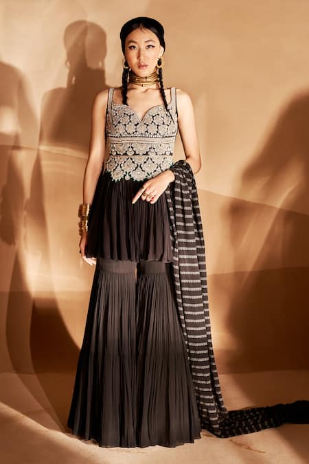 Bhumika Sharma Black Georgette Embroidery, Mirrors, Pearls Sweetheart Peplum Kurta Sharara Set