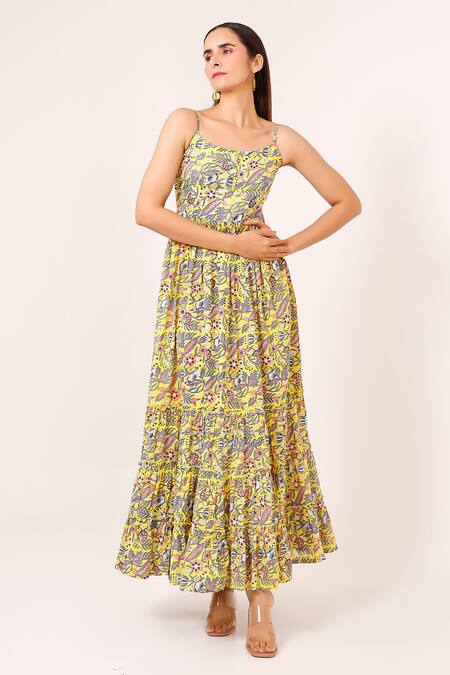 Pheeta Yellow Cotton Printed Floral Round Tiered Dress