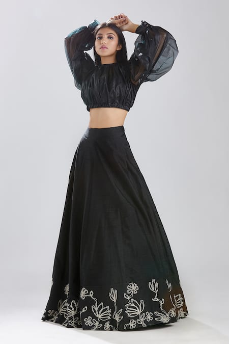 Megha Bansal Black Raw Silk Hand Embroidered Gulmohar Lehenga And Balloon Blouse Set  