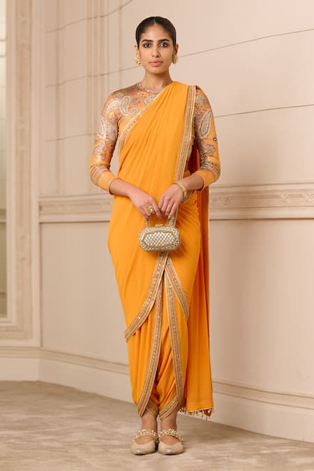 Tarun Tahiliani Orange Blouse  Foil Jersey Hand Concept Draped Dhoti Saree With Printed
