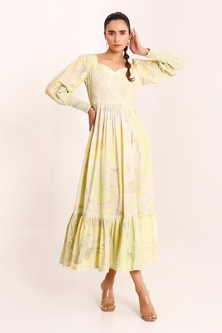 Pheeta Green Mulmul Cotton Printed Marble Sweetheart Neck Tiered Dress 