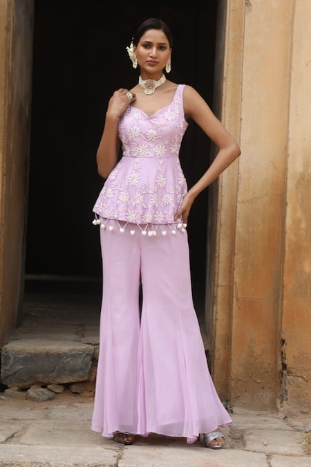 Nitisha Kashyap Official Purple Georgette, Silk Embroidery, Sequins, Floral Peplum Kurta And Sharara Set 