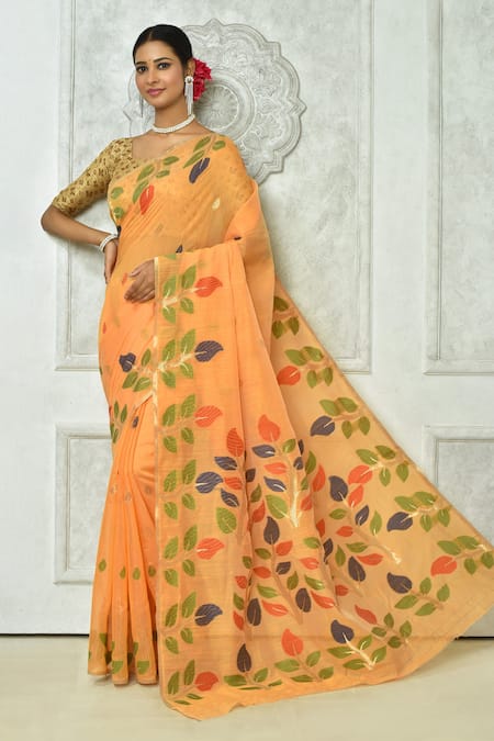 Nazaakat by Samara Singh Orange Soft Cotton Printed Floral Leaf And Flower Saree With Running Blouse
