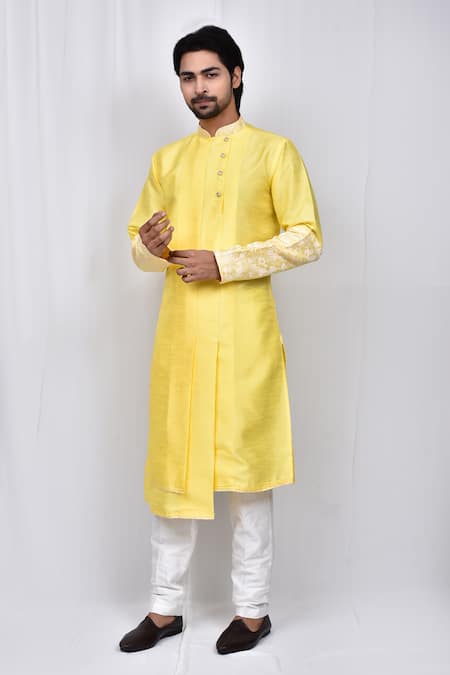 Arihant Rai Sinha Yellow Art Silk Patterned Jacquard Asymmetric Kurta Pant Set