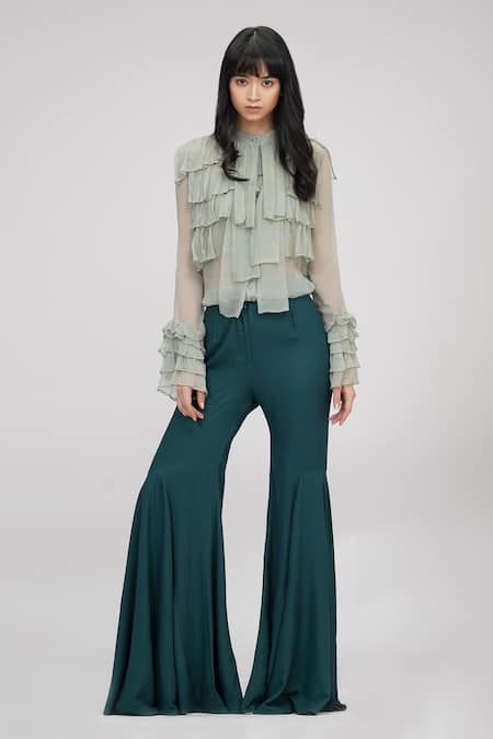 Shruti S Green Chiffon Bandeau Neck Ruffle Shirt 