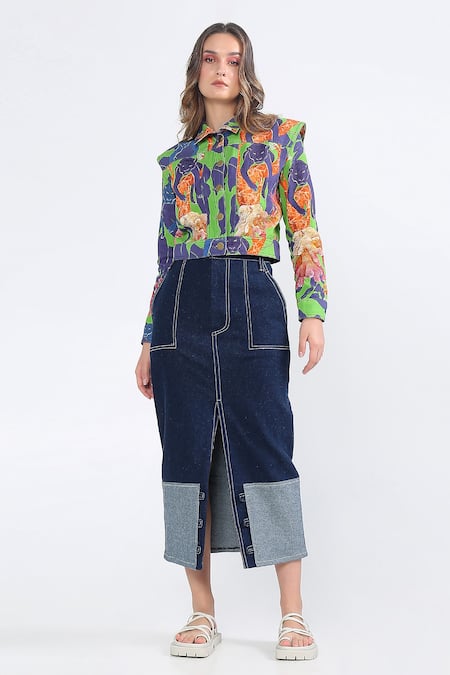 Ekastories Denim Color Block Front Slit Skirt 