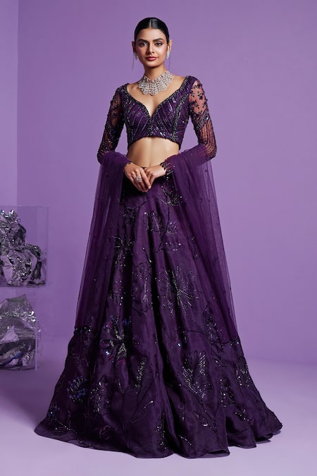 PARUL GANDHI Purple Embroidered Stellar Floral Shimmer Embellished Lehenga Set 