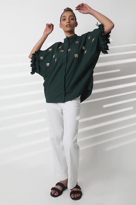 Studio Moda India Green Cotton Embroidery Mandarin Collar Sway Work Kimono Shirt 