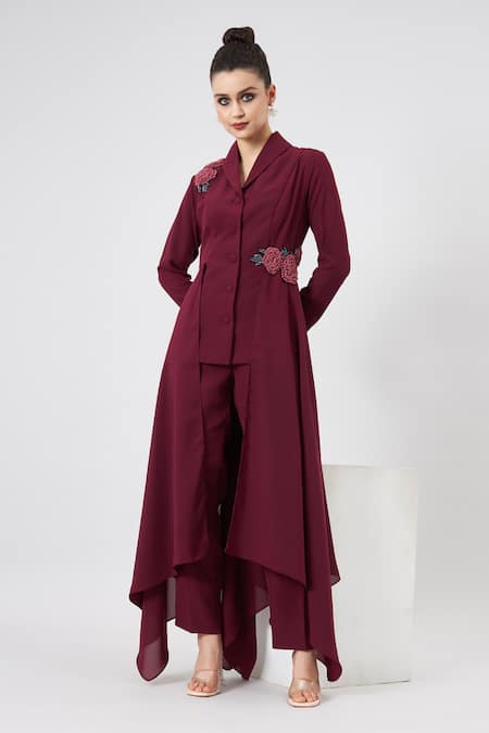 Aakaar - Wine Moss Crepe Embellished Floral Shawl Collar Blazer And Pant  Set For Women