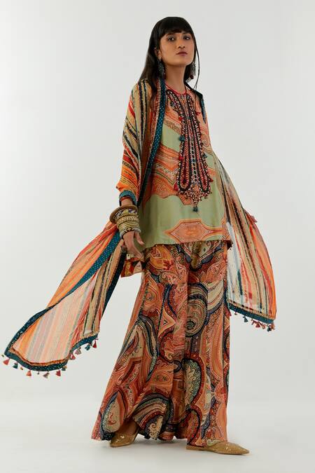 Buy_Aseem Kapoor_Green Crepe, Chanderi Cotton Beads, Mitra Ambi Print Kurta And Sharara Set_Online_at_Aza_Fashions