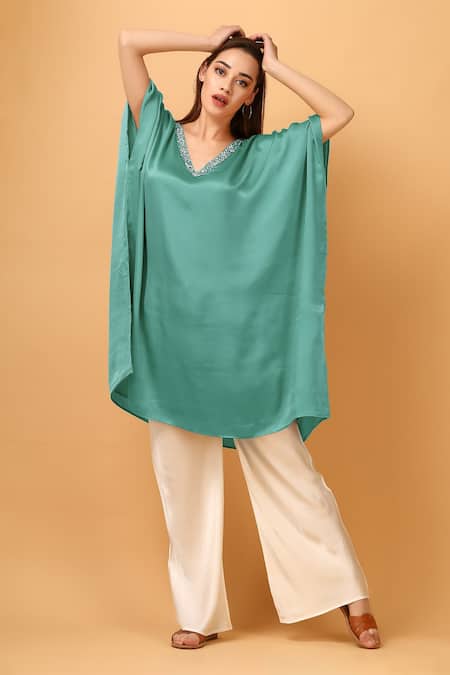 Label Ivish Green Modal, Satin Embroidery V-neck Flared Kaftan With Contrasting Pant 