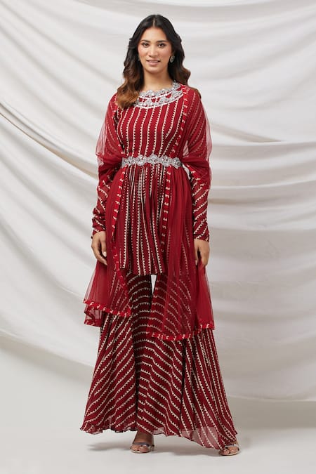 Sharara Suits : Red floral printed embroidered sharara suit