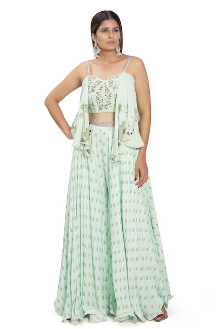 Vana Ethnics Green Viscose And Satin & Embroidery Kadakara Corset & Palazzo Set 