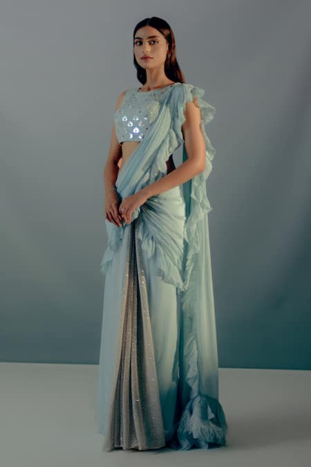 Aaryaa By Kashveen Kohli Sky Blue Saree Organza Embroidered Ruffled Pre Draped With Embellished Blouse 