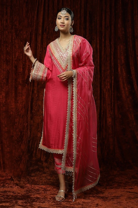 Shikhar Sharma Pink Silk Chanderi Embroidered Pearl V Neck Kurta Pant Set