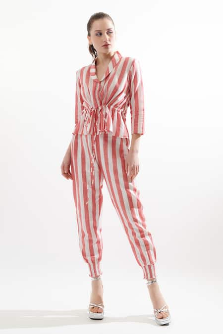 Cin Cin Red Cotton Striped Shawl Collar Stin Shirt And Pant Set 