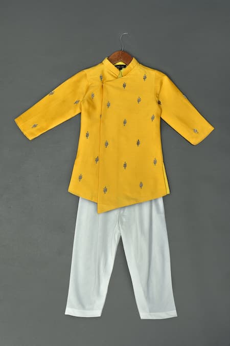 Maaikid Yellow Cotton, Silk Embroidery Zardosi Butti Asymmetrical Sherwani Set 
