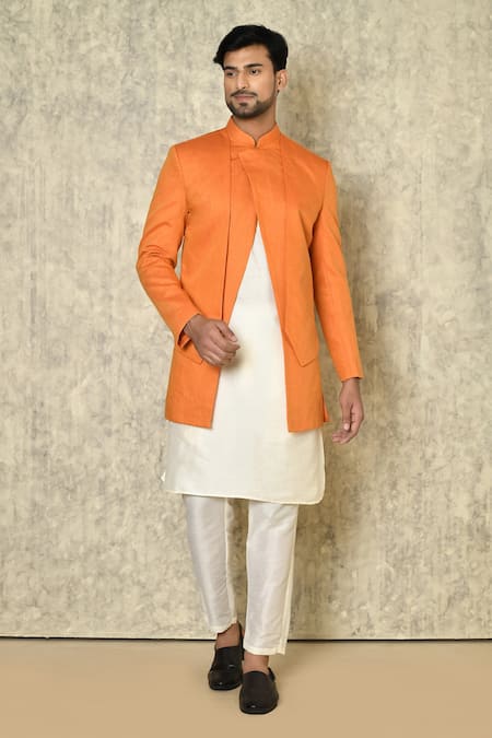 Naintara Bajaj Orange Bandhgala Cotton Linen Plain Asymmetric Placket Kurta Set