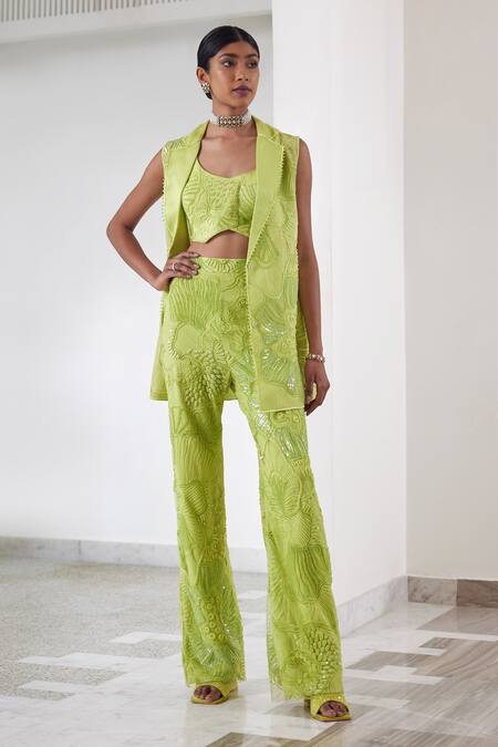 Mishru Green Organza Embroidered Sequin Blazer Notched Lesly Bead Pant Set 