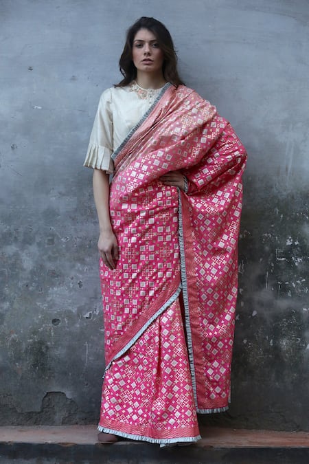 I am Design Pink Silk Ikat Ruffle Border Saree