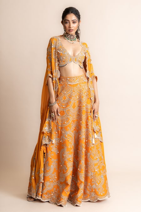 Nupur Kanoi Orange Cape- Georgette Embroidery Mirror Work V Border Lehenga Set  