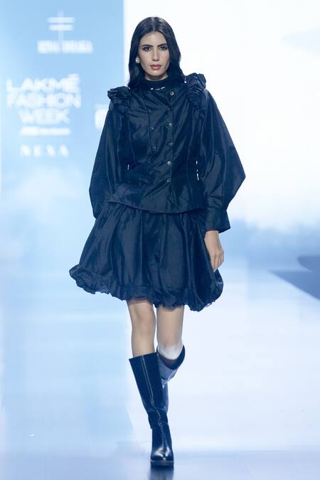 Buy Rina Dhaka Black Silk Mandarin Collar Wrap Jacket And Bubble Hem Skirt Set at Aza Fashions Buy_Rina Dhaka_Black Silk Mandarin Collar Wrap Jacket And Bubble Hem Skirt Set_at_Aza_Fashions