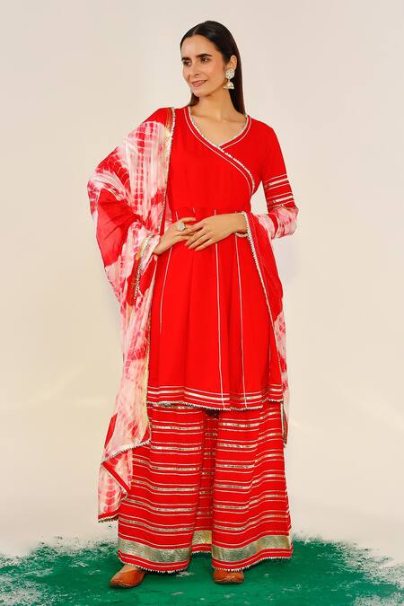 Buy Pheeta Coral Rayon Gota Leaf Neck Anarkali Sharara Set at Aza Fashions Buy_Pheeta_Coral Rayon Gota Leaf Neck Anarkali Sharara Set _at_Aza_Fashions