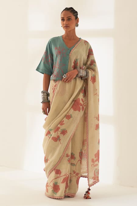 Kasturi Kundal Beige Printed Phoolan Pure Linen Handloom Saree With Unstitched Blouse 