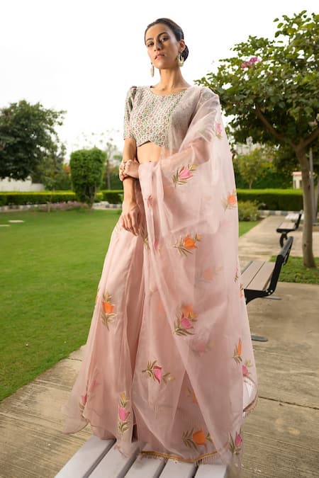 Thetaa Pink Chanderi , Organza, Cotton Floral Hand Painted Lehenga Set