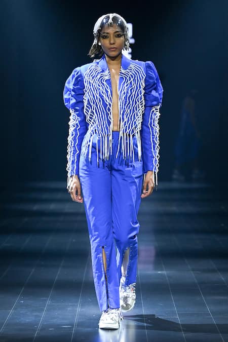 Nitin Bal Chauhan Blue Silk Organza Embroidery Cord Open 3d Work Puff Sleeve Jacket And Pant Set 