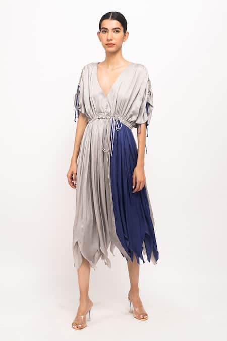 Neora By Nehal Chopra Grey Bemberg Modal Silk V Neck Colorblock Asymmetrical Angrakha Dress 